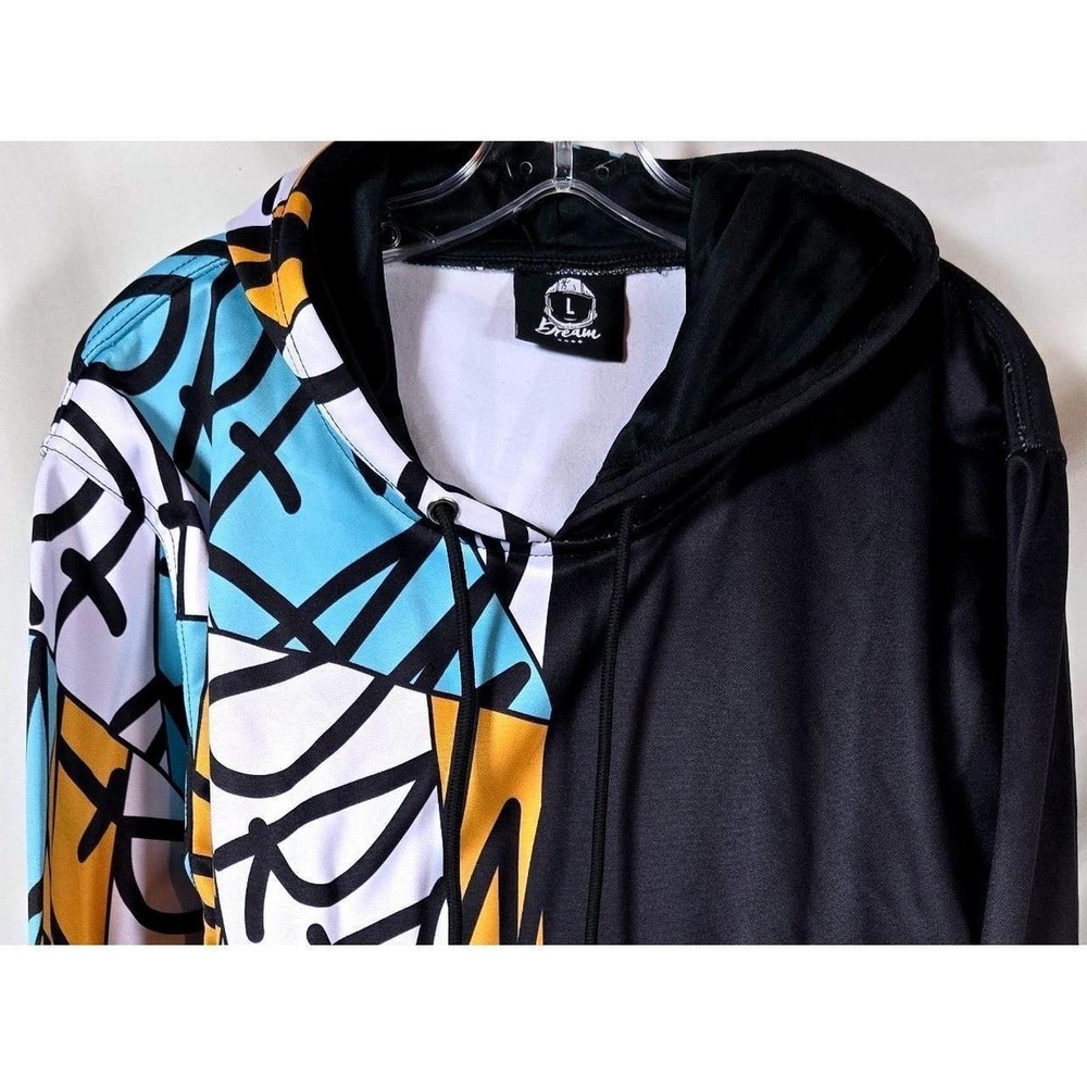 Graffiti Split Hoodie‎ Black Blue Yellow Abstract Hypebeast Skater Mens Large